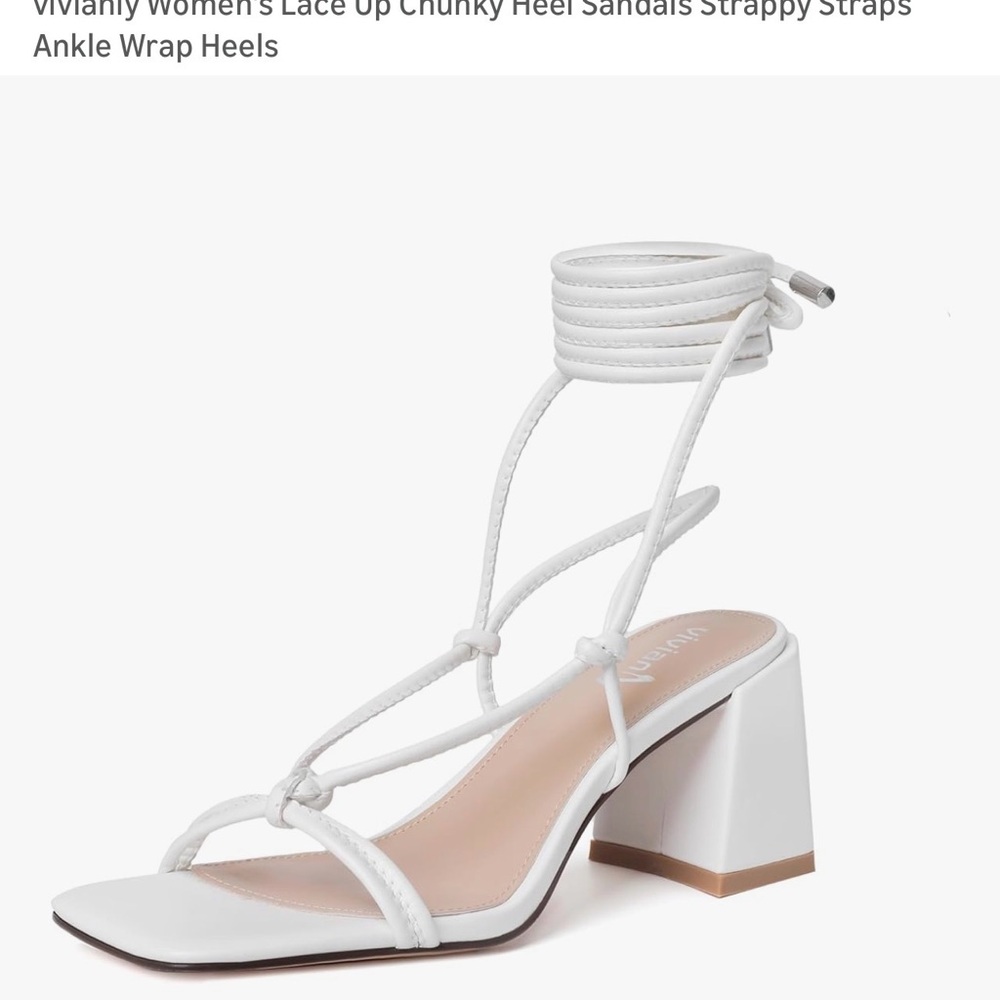 Vivianly White Lace-Up Chunky Heels